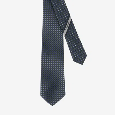 Ferragamo Silk Tie With Geometric Pattern In Green