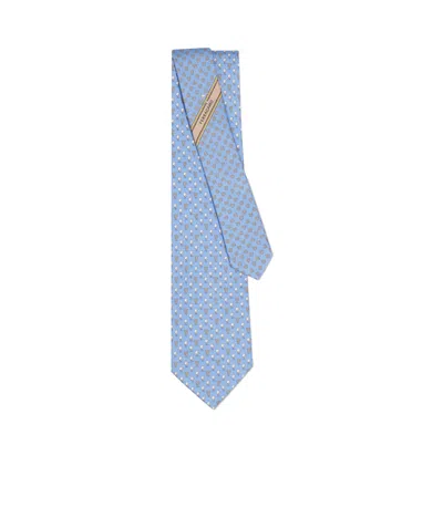 Ferragamo Silk Tie With Golf And Gancini In Blue