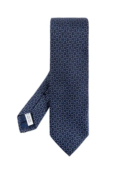 Ferragamo Silk Tie With Monogram In Blue