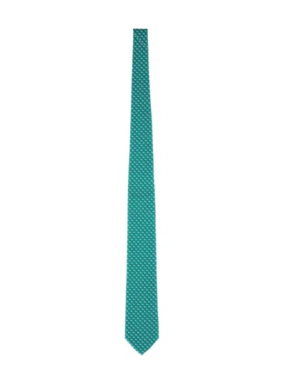 Ferragamo Silk Tie With Repeating Motif And Pointed Tip In Green