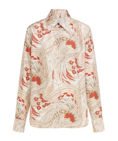 Ferragamo Silk Twill Shirt With Feather Print In Multi