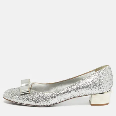 Ferragamo Silver Canvas And Leather Garda Block Heel Pumps In Black