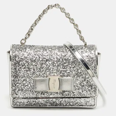 Pre-owned Ferragamo Silver Glitter And Laminated Leather Top Handle Bag