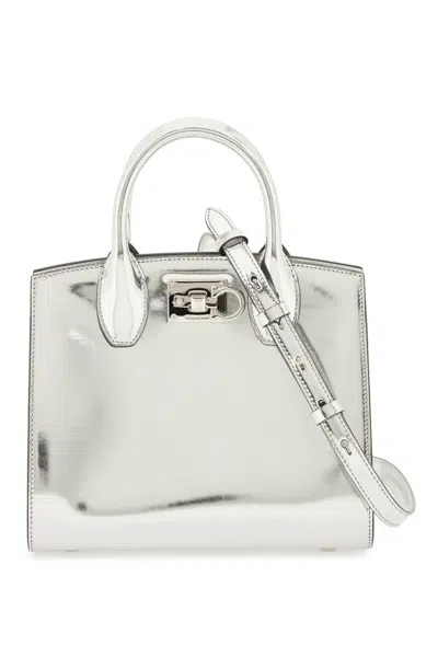 Ferragamo Silver Laminated Leather Handbag With Metal Buckle Closure In Burgundy