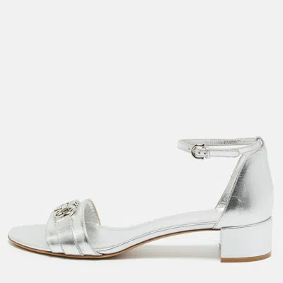 Pre-owned Ferragamo Silver Leather Gancini Ankle Strap Sandals Size 40.5
