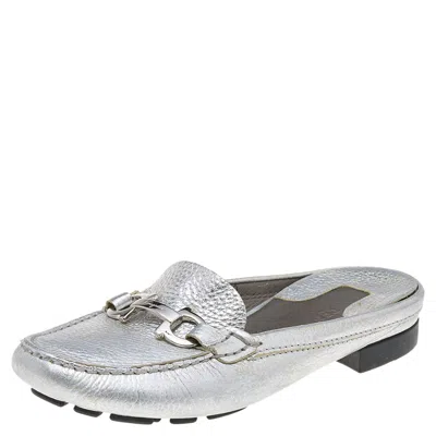 Ferragamo Silver Leather Gancini Slip On Mules