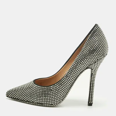 Ferragamo Silver Satin Crystal Embellished Pointed Toe Pumps In Gray