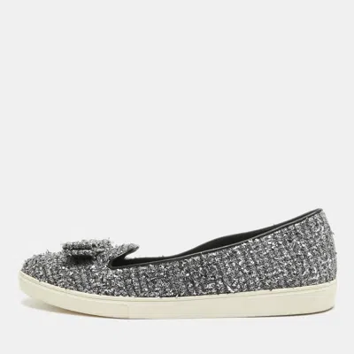 Pre-owned Ferragamo Silver Tweed Bow Slip On Sneakers Size 41.5