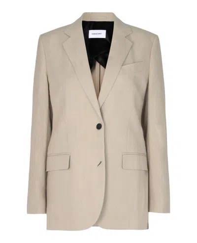 Ferragamo Single Breasted Linen-blend Blazer In Neutral