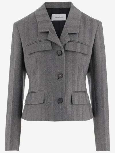 Ferragamo Single-breasted Chevron Blazer In Gray