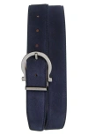 Ferragamo Single Gancio Suede Belt In Navy Naturale Beige Tortora