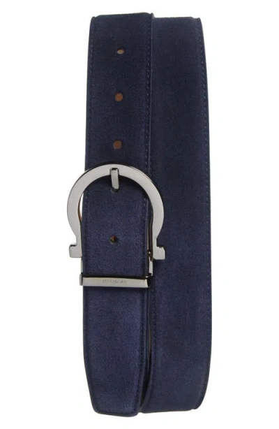 Ferragamo Single Gancio Suede Belt In Navy Naturale Beige Tortora