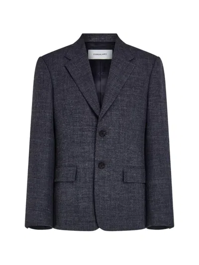 Ferragamo Single-breasted Flannel Blazer In Blue