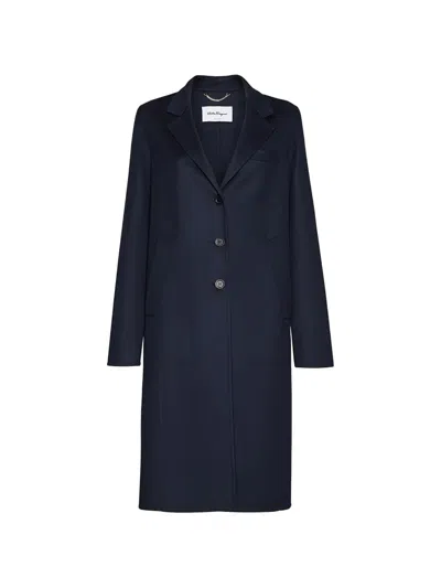 Ferragamo Single-breasted Notched-lapels Coat In Blue
