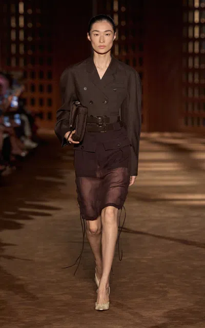 Ferragamo Single-breasted Wool-linen Jacket In Brown