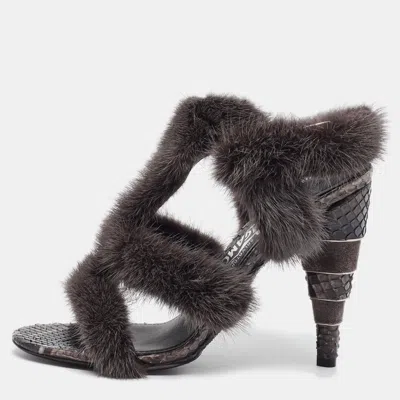 Pre-owned Ferragamo Size 36 Black Mink Fur And Python Leather Ankle Strap Sandals