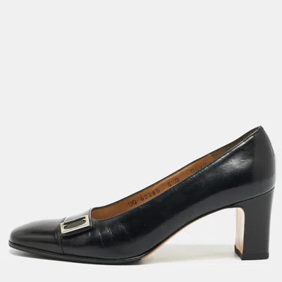 Pre-owned Ferragamo Size 37 Black Leather Block Heel Pumps