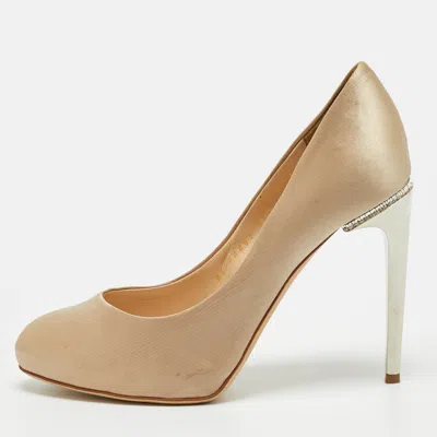 Pre-owned Ferragamo Size 37.5 Beige Satin Crystal Embellished Platform Pumps