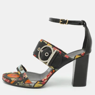 Pre-owned Ferragamo Size 37.5 Multicolor Printed Canvas And Leather Ankle Strap Sandals