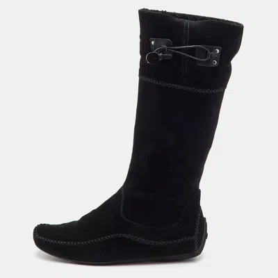 Pre-owned Ferragamo Size 38.5 Black Suede Slouch Moccasin Knee Length Boots