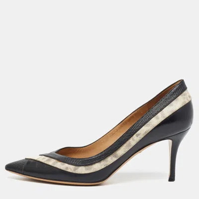 Pre-owned Ferragamo Size 38.5 Black/white Karung Leather And Leather Pumps