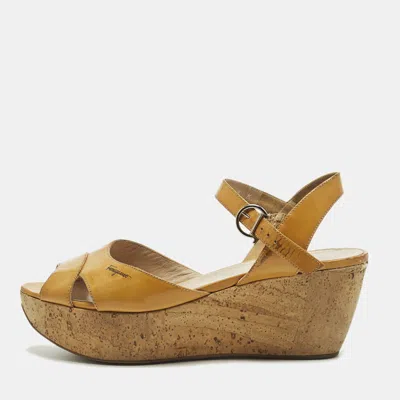 Pre-owned Ferragamo Size 38.5 Yellow Patent Leather Cork Platform Ankle Strap Sandals