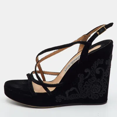 Pre-owned Ferragamo Size 39 Black Velvet Strappy Platform Wedge Sandals