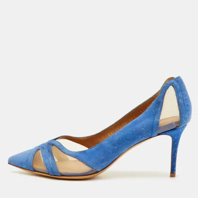 Pre-owned Ferragamo Size 39 Blue Mesh And Suede Pointed Toe Pumps