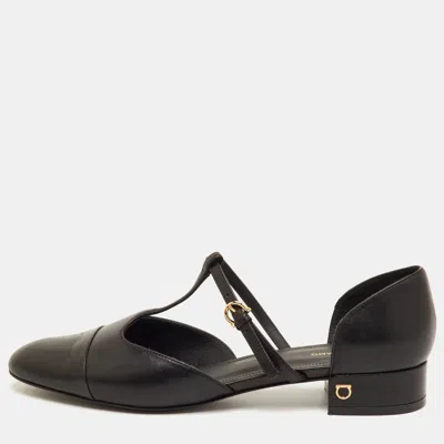 Pre-owned Ferragamo Size 39.5 Black Leather T-strap Ballet Flats