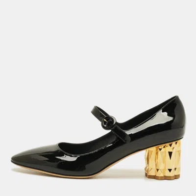 Pre-owned Ferragamo Size 39.5 Black Patent Leather Block Heel Pumps