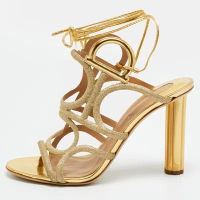 Pre-owned Ferragamo Size 39.5 Gold Glitter And Leather Strappy Sandals