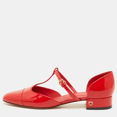 Pre-owned Ferragamo Size 39.5 Red Patent Leather T-strap Ballet Flats