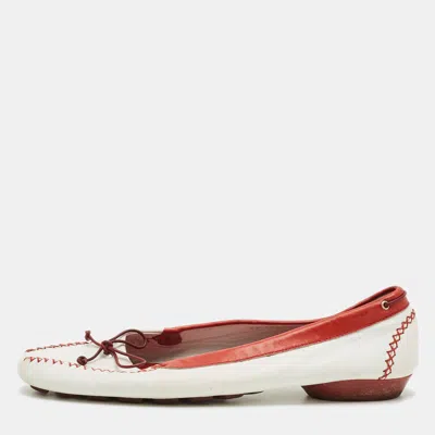 Pre-owned Ferragamo Size 39.5 White/red Leather Smoking Slippers