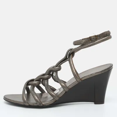 Pre-owned Ferragamo Size 40 Metallic Leather Wedge Sandals In Silver
