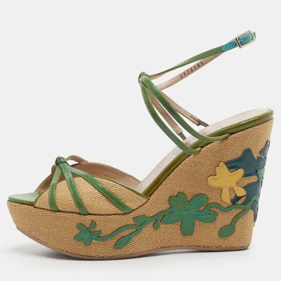 Pre-owned Ferragamo Size 40.5 Green Patent Leather And Raffia Wedge Sandals