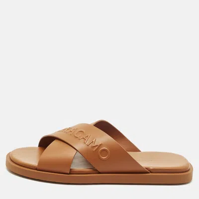 Pre-owned Ferragamo Size 44 Brown Leather Crisscross Flat Slides