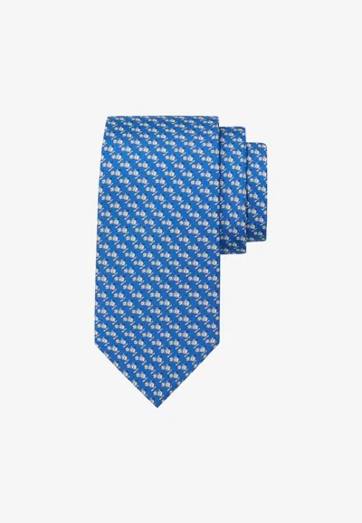 Ferragamo Skiing Bear Print Silk Tie In Blue