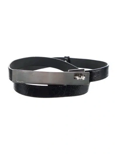 Pre-owned Ferragamo Skinny Embossed Leather Waist Belt In Black