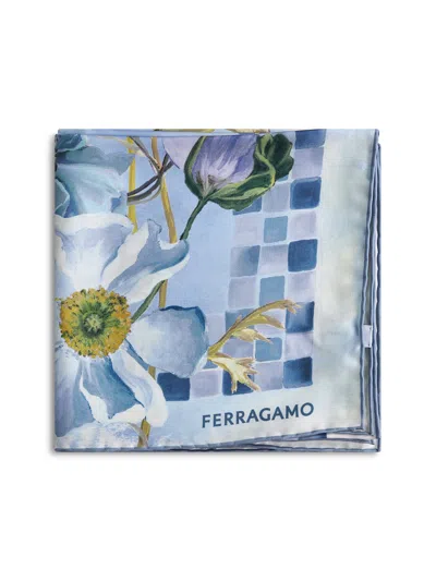 Ferragamo Sky Blue Fiori Print Silk Twill Scarf