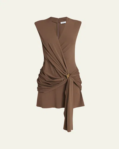 Ferragamo Sleeveless Draped Wrap Jersey Mini Dress In Brown