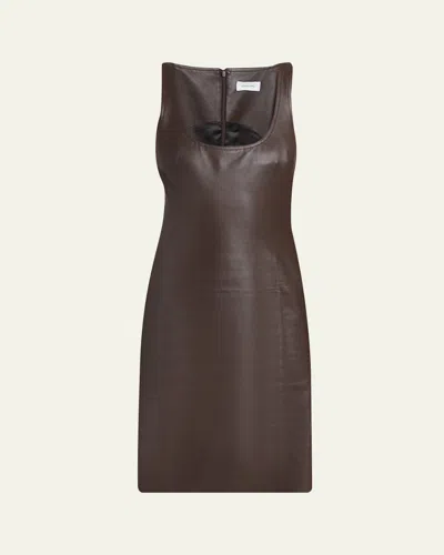Ferragamo Sleeveless Plonge Leather Woven-side Dress In Brown