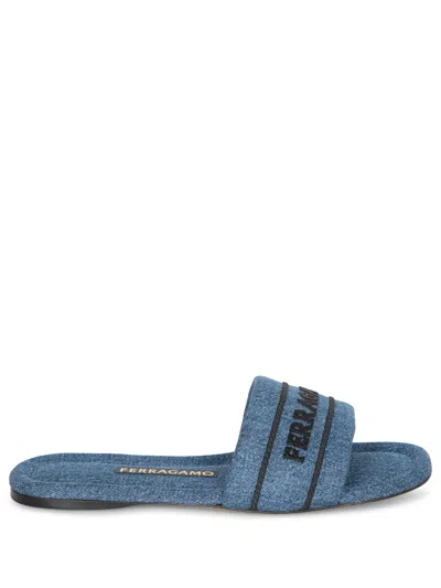 Ferragamo Slide Hotel Denim Black Sandals In Blue