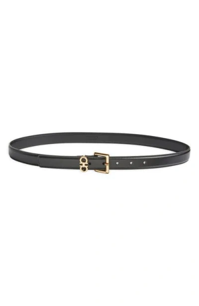 Ferragamo Slim Double Gancio Leather Belt In Nero