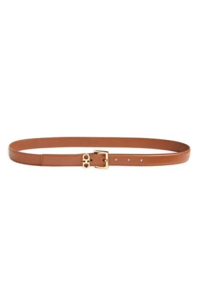 Ferragamo Slim Double Gancio Leather Belt In New Cognac