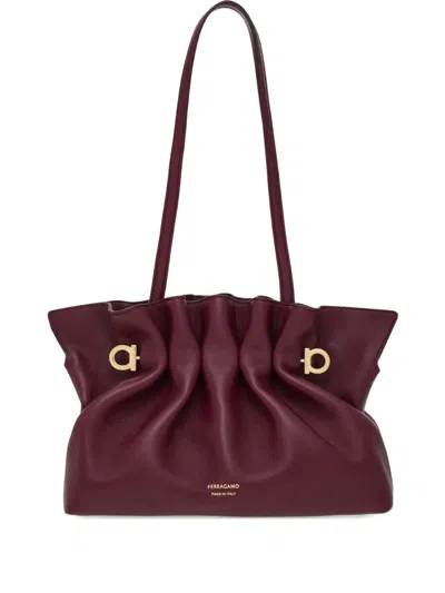 Ferragamo Small Double-gancini Gathered Shoulder Bag In Burgundy