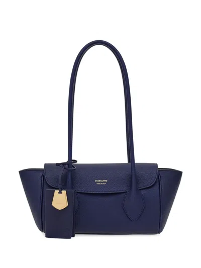 Ferragamo Small East-west Leather Tote Bag In Blue