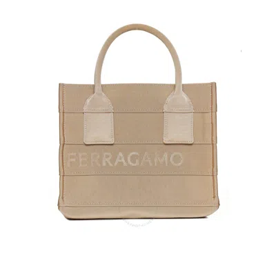 Ferragamo Small Embroidered Logo Calf Leather Bag In Beige