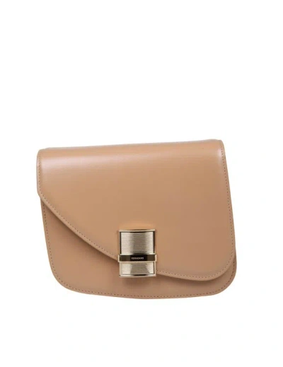 Ferragamo Small Fiamma Shoulder Bag In Camel Color Leather In Brown
