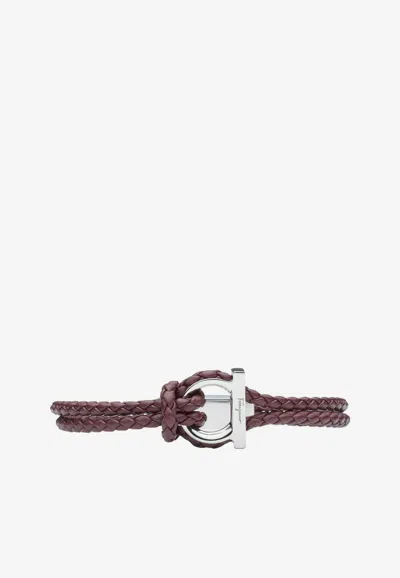 Ferragamo Small Gancini Braided Bracelet In Calf Leather In Bordeaux