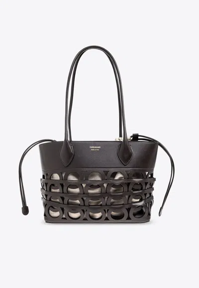 Ferragamo Small Gancini Cut-outs Tote Bag In Brown